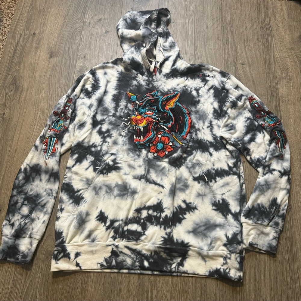 VIE+ RICHE Paris Mens Black/White Tie-Dye Wolf Like Graphic Hooded Sweater 2XL
